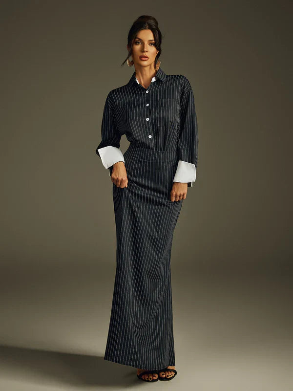 Ladies' Folded Collar Stripe Skirt Set