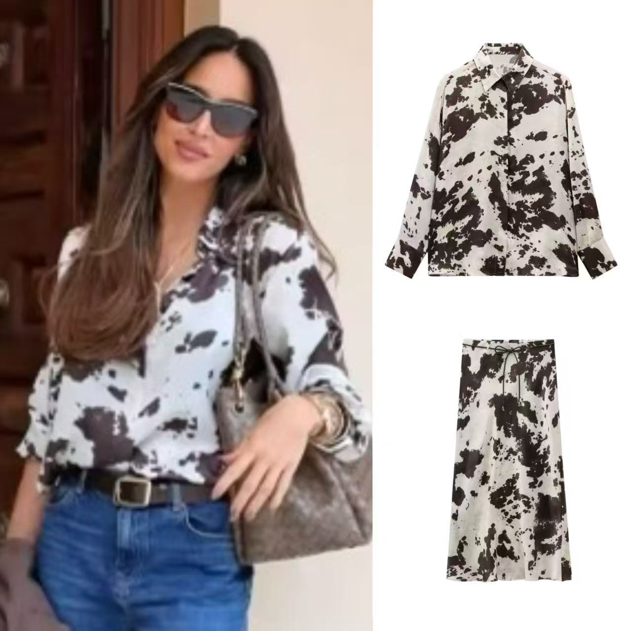 Animal print textured midi shirt and skirt set