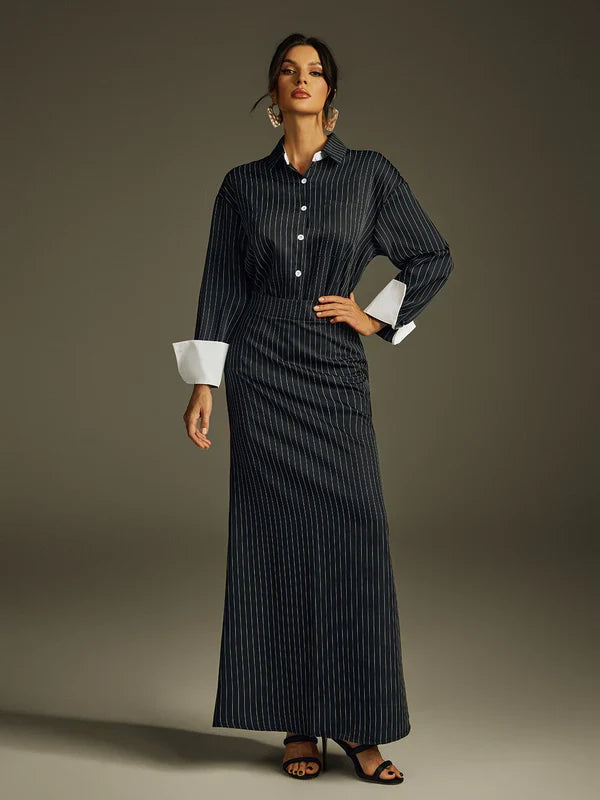 Ladies' Folded Collar Stripe Skirt Set