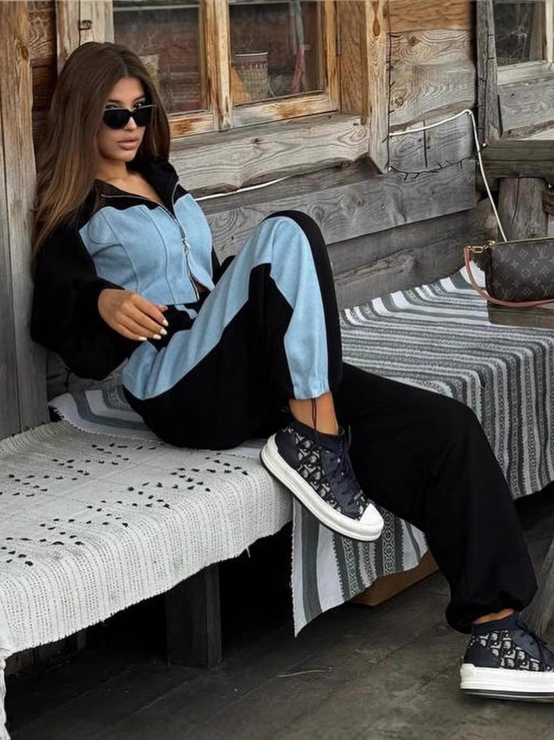 Denim patchwork hooded top and trousers two-piece set