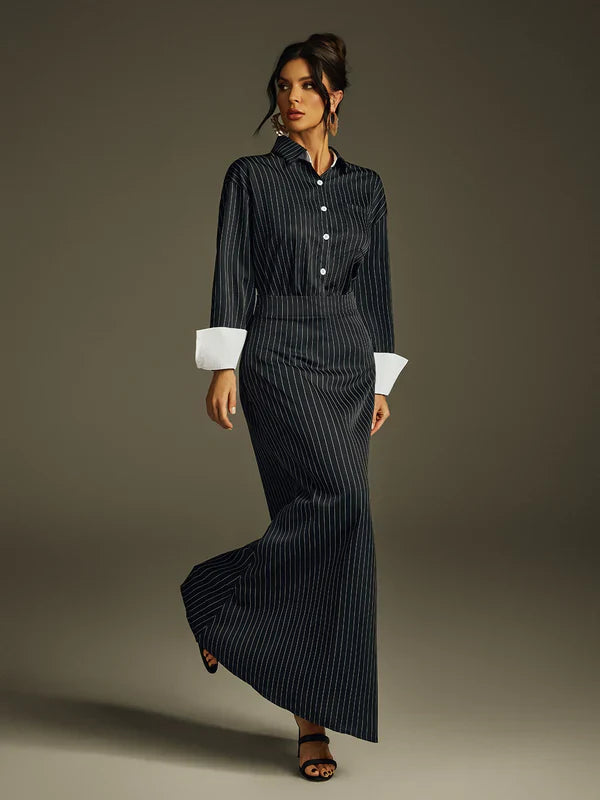 Ladies' Folded Collar Stripe Skirt Set