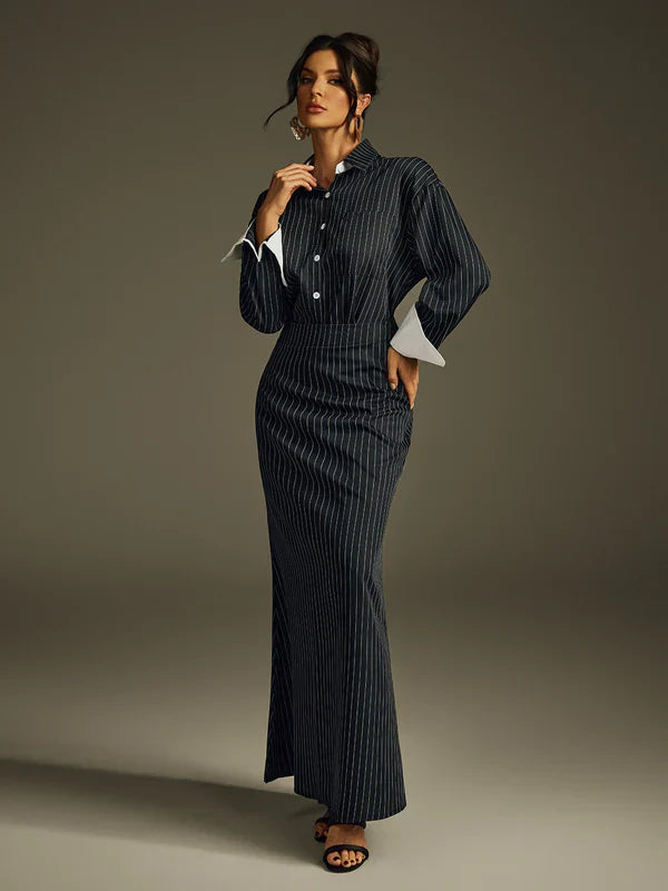 Ladies' Folded Collar Stripe Skirt Set