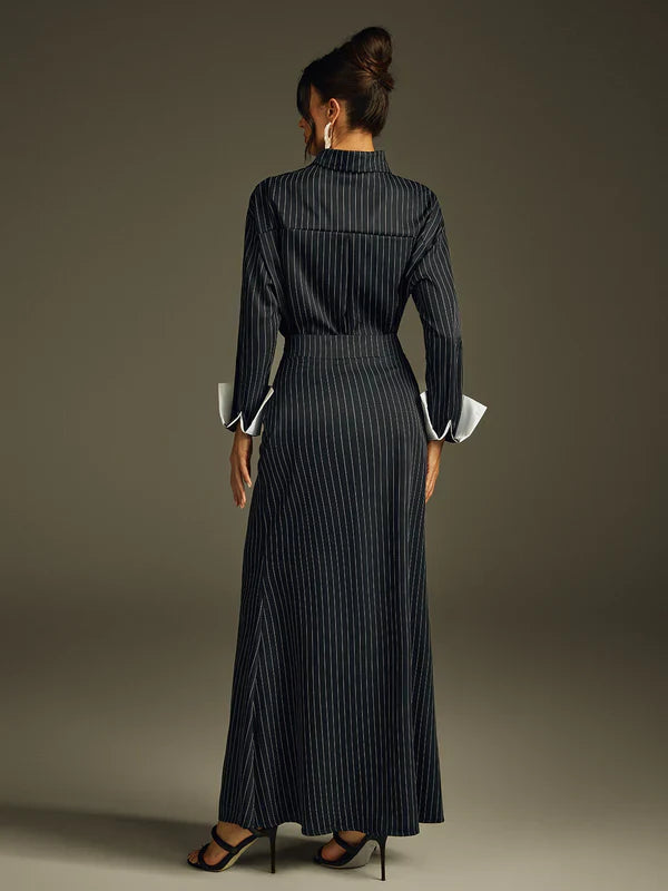 Ladies' Folded Collar Stripe Skirt Set