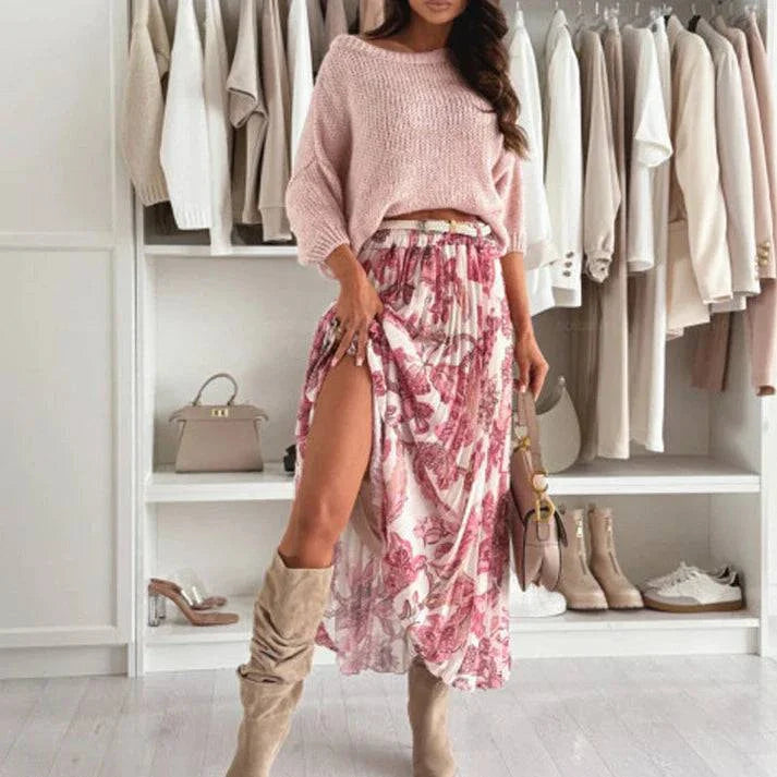 🌸Crew Neck Top & Printed Belted Skirt Set
