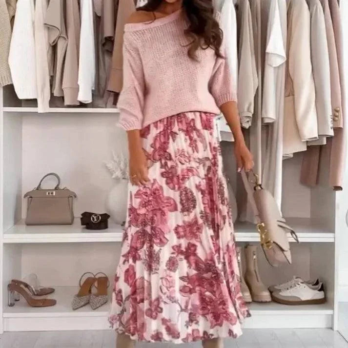 🌸Crew Neck Top & Printed Belted Skirt Set
