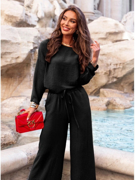 Solid color round neck linen cotton top and casual lace-up loose pants (2 pieces)