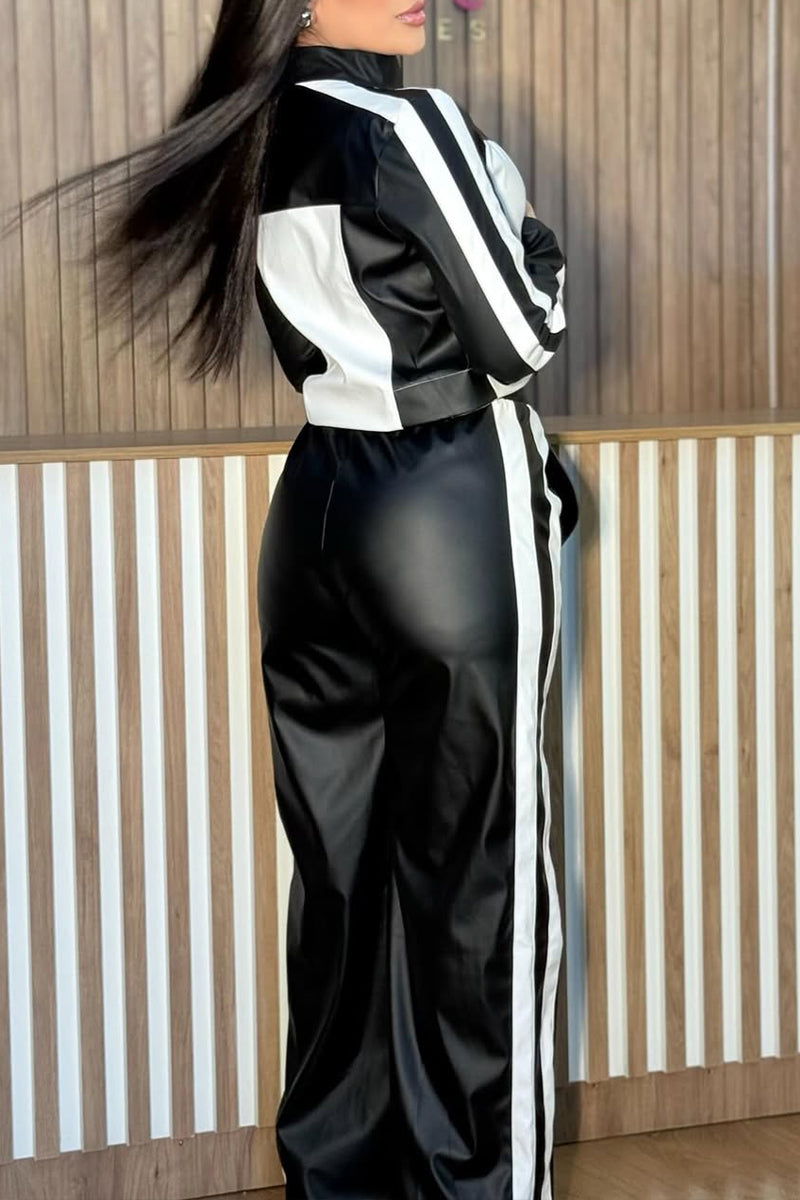 Ladies Collar Zipper Leather Contrasting Jacket+ Pants Temperament Casual Set