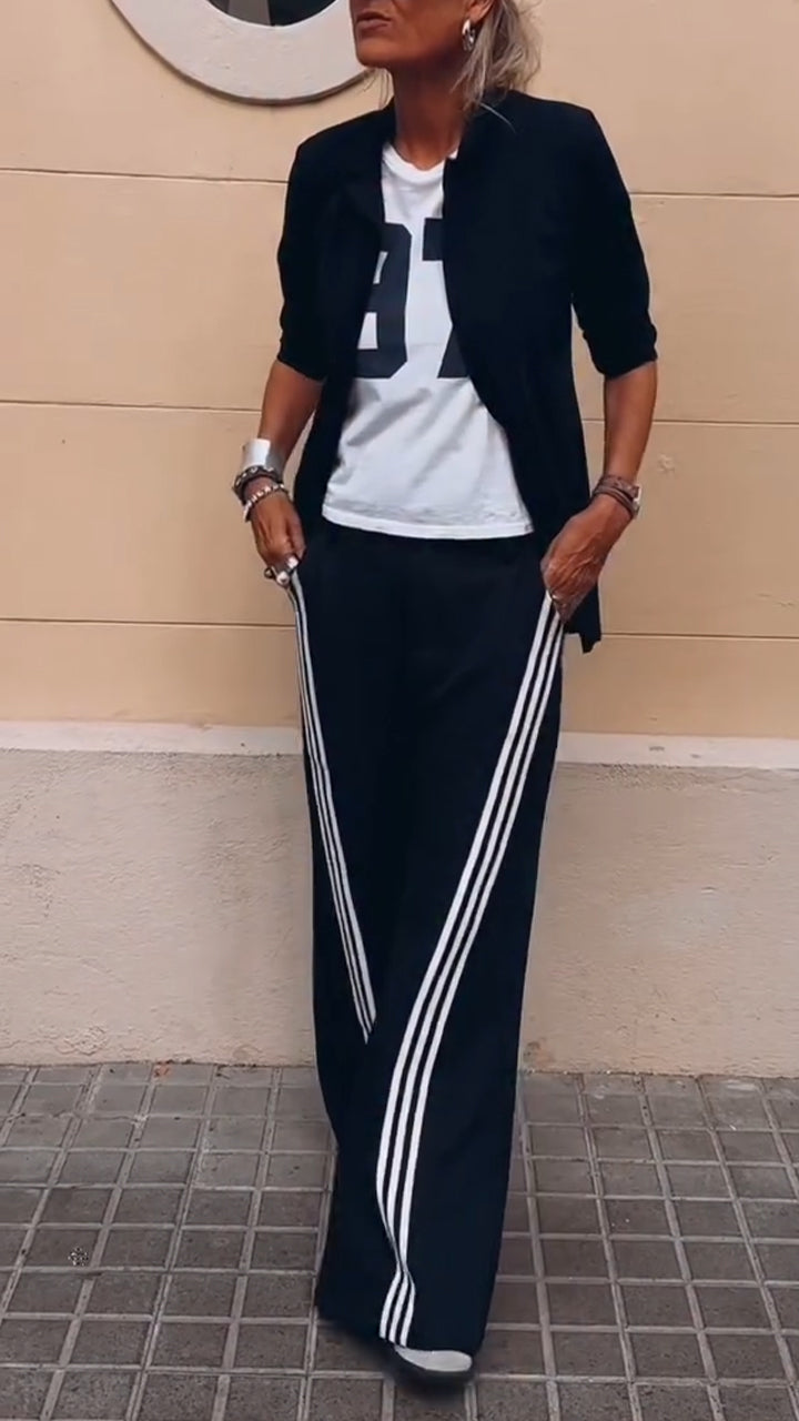 Ladies' Solid Color Jacket+ Vertical Striped Pants Casual Temperament Set