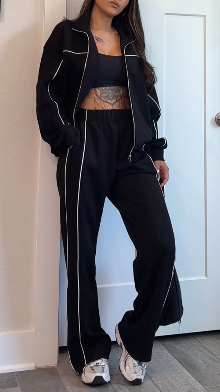 Women's Autumn Casual Side Stripe Sports Outdoor Jacket Coat Pants Set