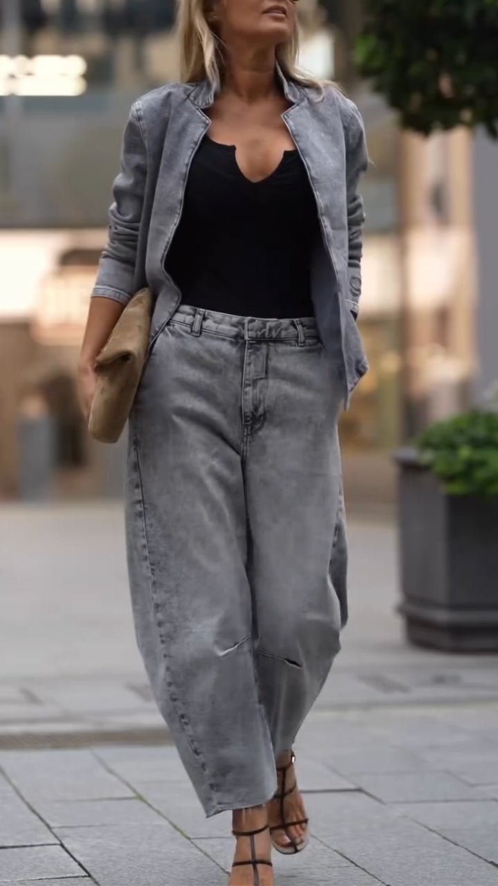 Ladies Round Neck Coat+ Pants Casual Set