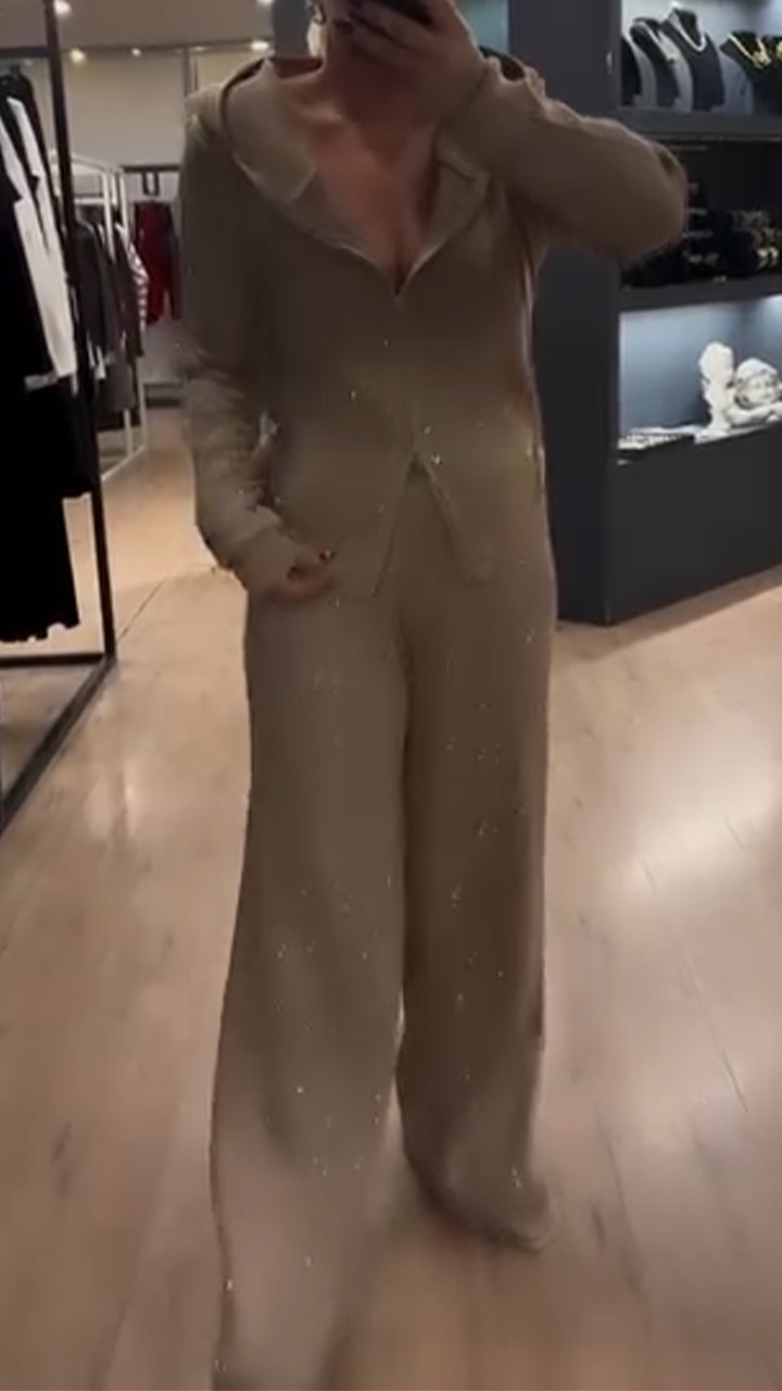 Ladies Round Neck Hooded Zipper Top+ Pants Sequin Casual Set